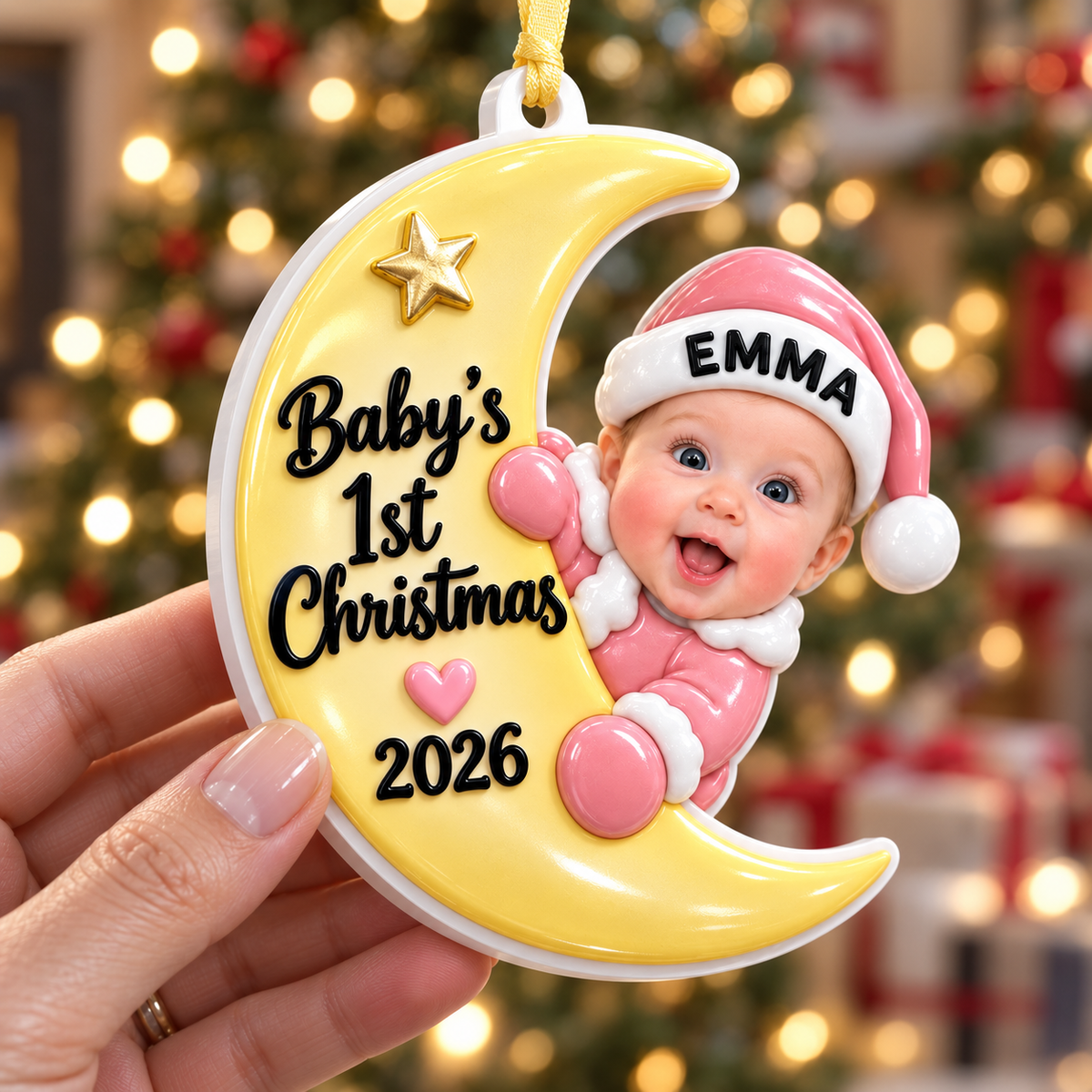 Baby First Christmas Crescent Moon Hanging Keepsake, Pink Holiday Tree Pendant - 3D Relief Ornament