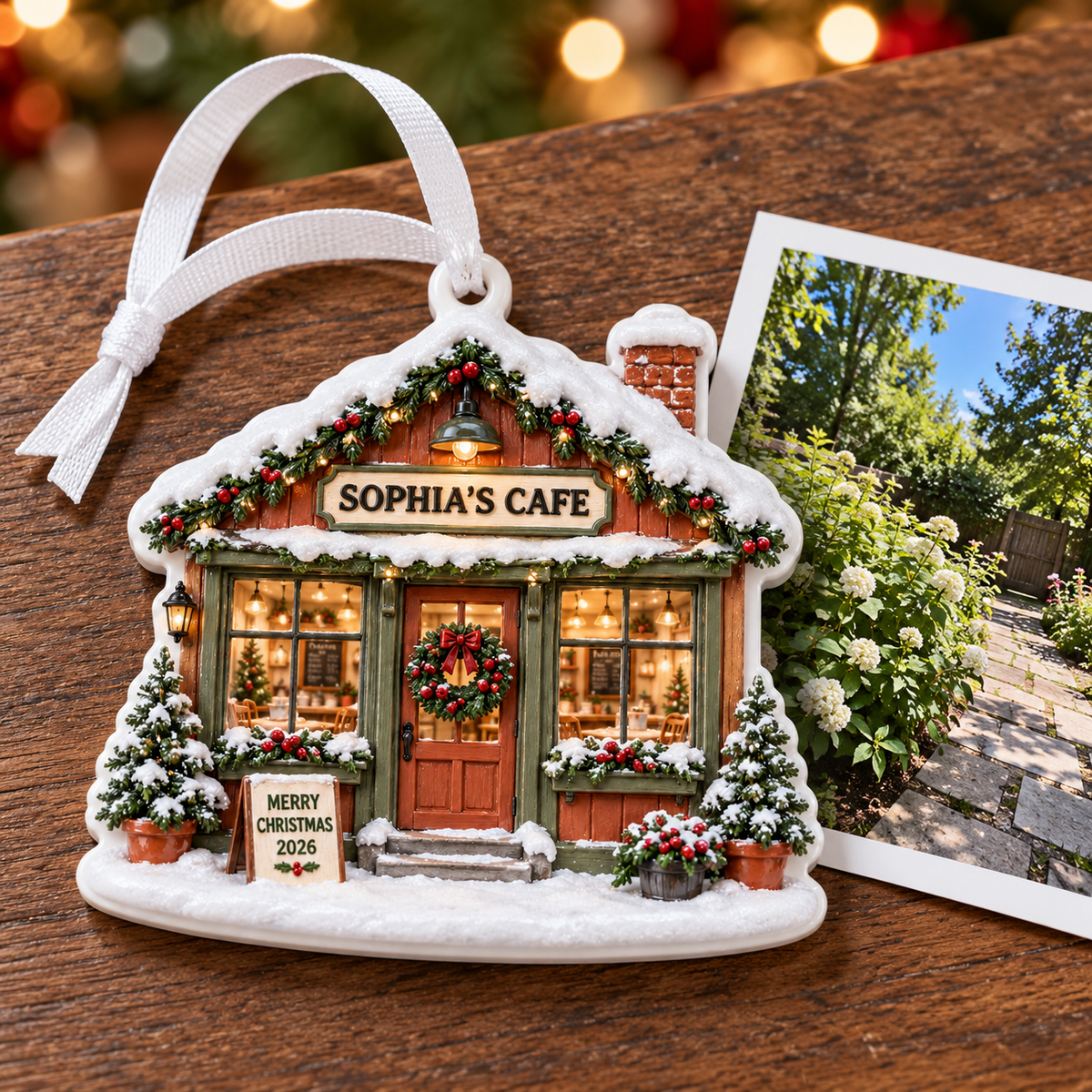 Snowy Christmas Cafe Storefront Hanging Holiday Decoration - 3D Relief Ornament