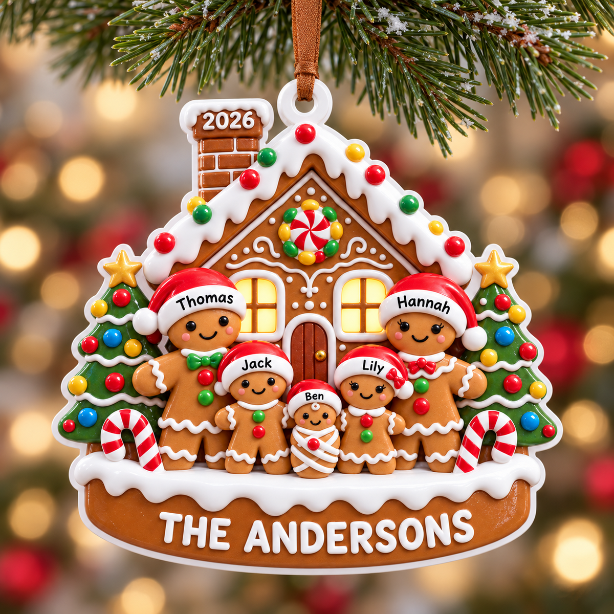 Gingerbread House Family of Five Holiday Tree Hanging Decoration - 3D Relief Ornament