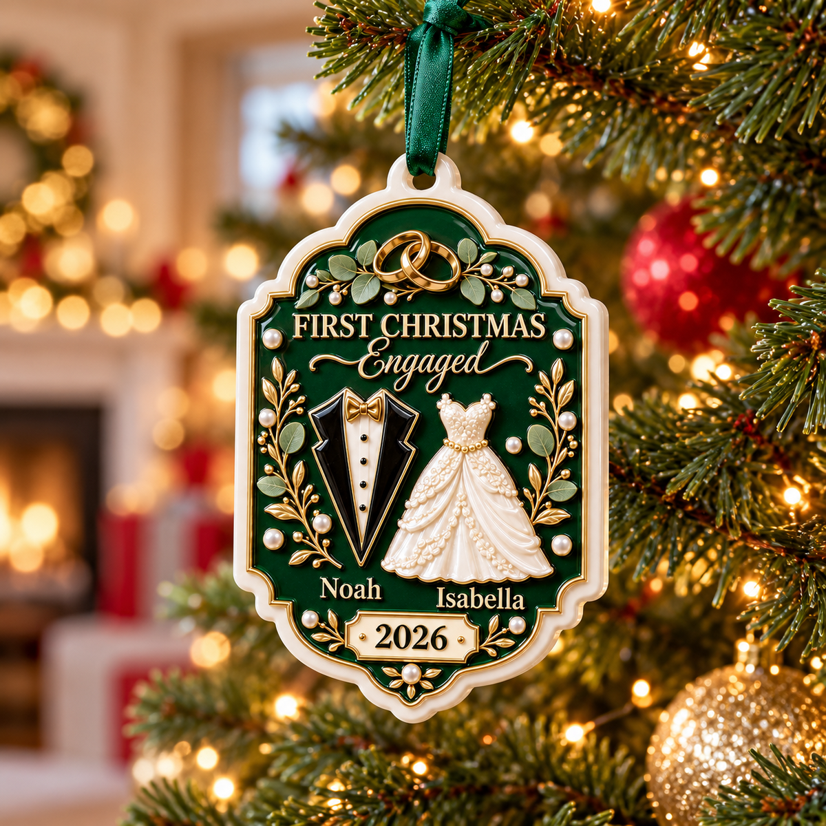 First Christmas Engaged Couple Plaque Emerald Green Tuxedo Gown Keepsake - 3D Relief Ornament