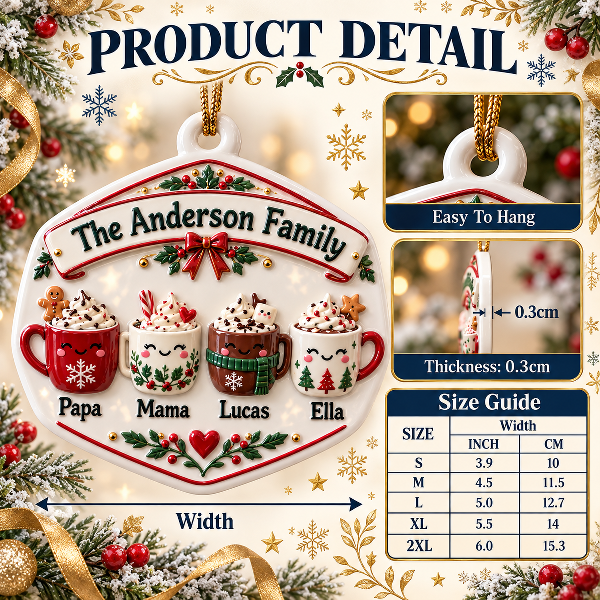Family Hot Cocoa Mugs Ceramic Christmas Tree Holiday Keepsake Plaque - 3D Relief Ornament