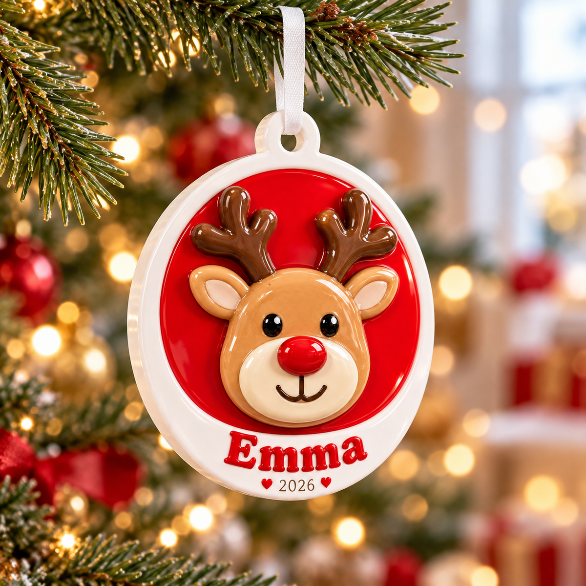 Red and White Round Christmas Reindeer Keepsake - 3D Relief Ornament