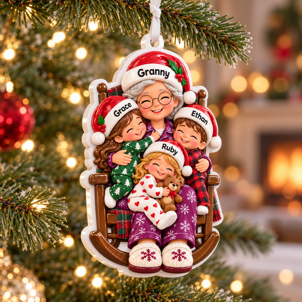 Grandmother with Grandchildren in Rocking Chair Holiday Keepsake - 3D Relief Ornament
