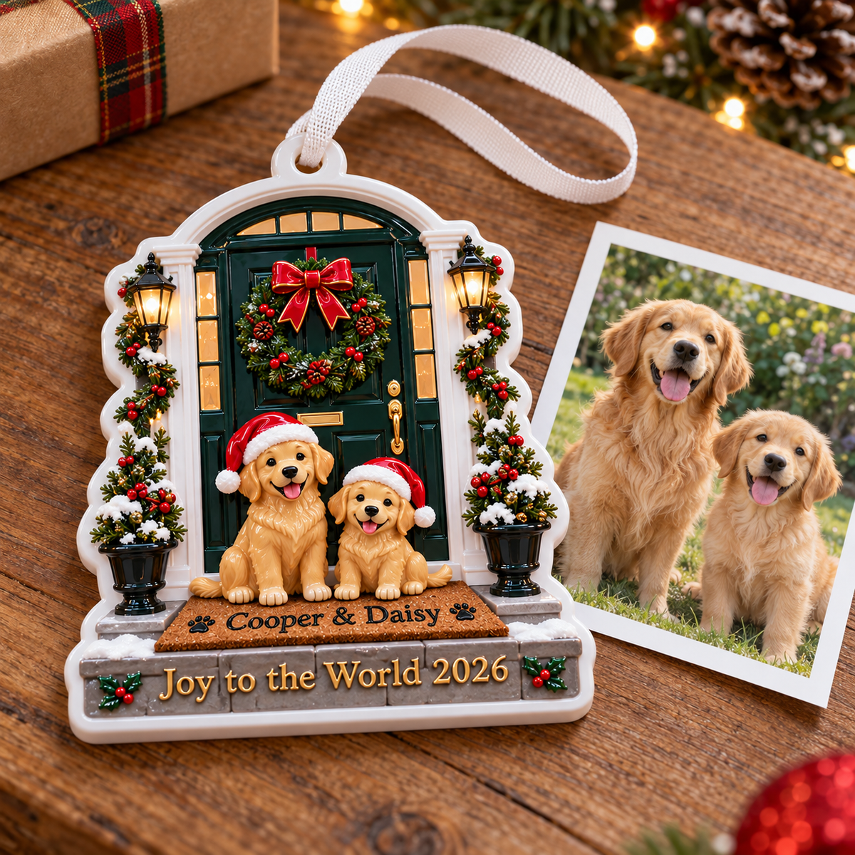 Golden Retriever Dogs at Christmas Front Door Holiday Keepsake - 3D Relief Ornament