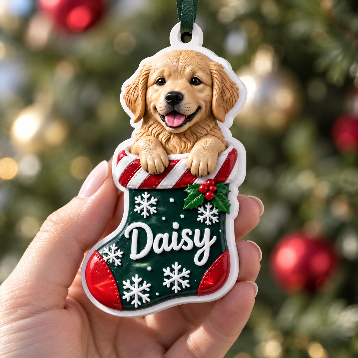 Golden Retriever Puppy in Christmas Stocking Holiday Tree Hanging Decor - 3D Relief Ornament