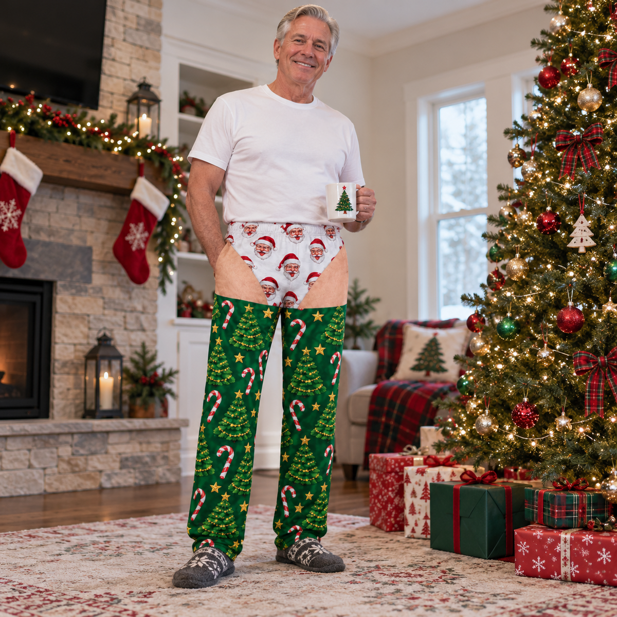 Mens Christmas Gag Pajama Pants Novelty Cutout Illusion Sleepwear