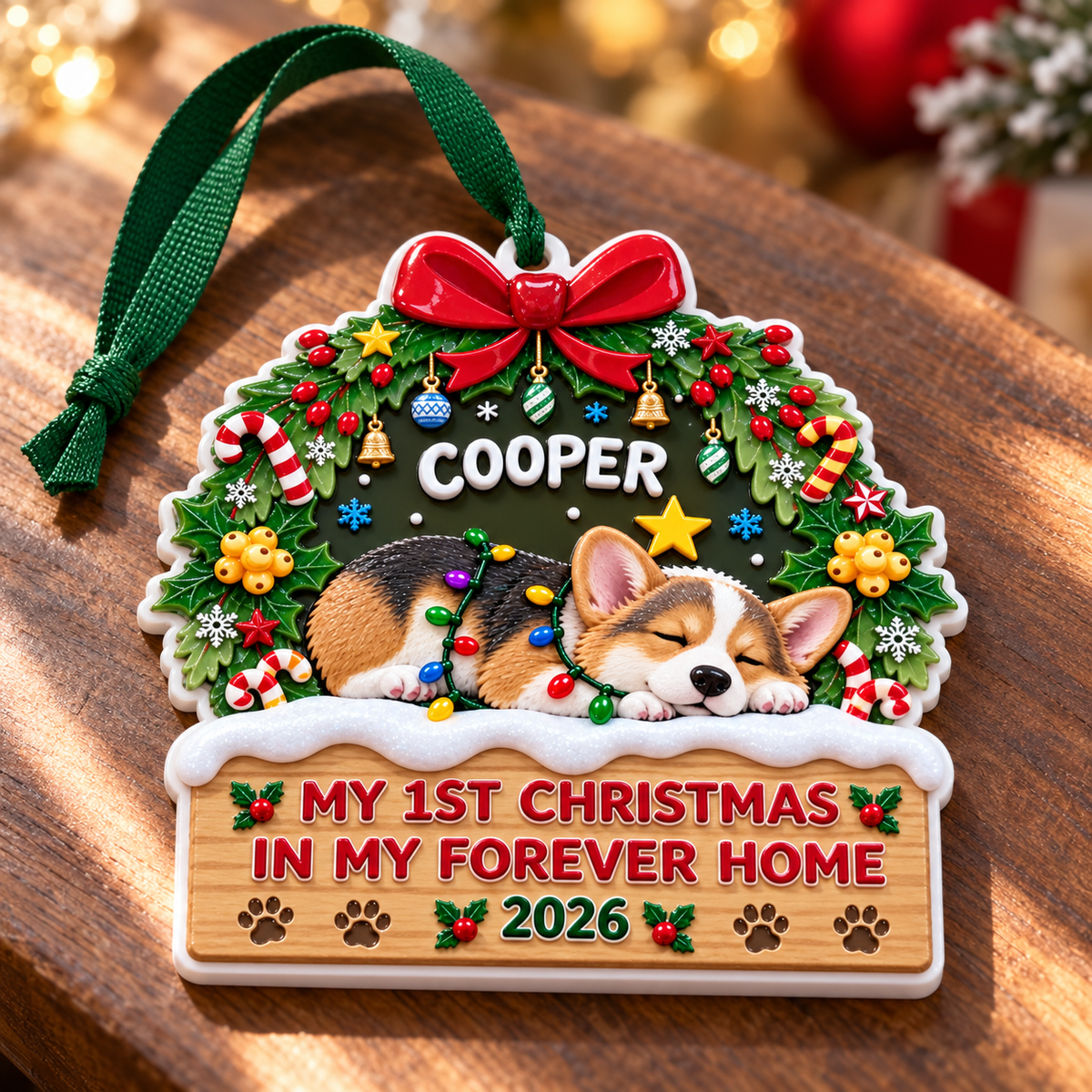 Sleeping Corgi Dog First Christmas In My Forever Home Holiday Plaque - 3D Relief Ornament