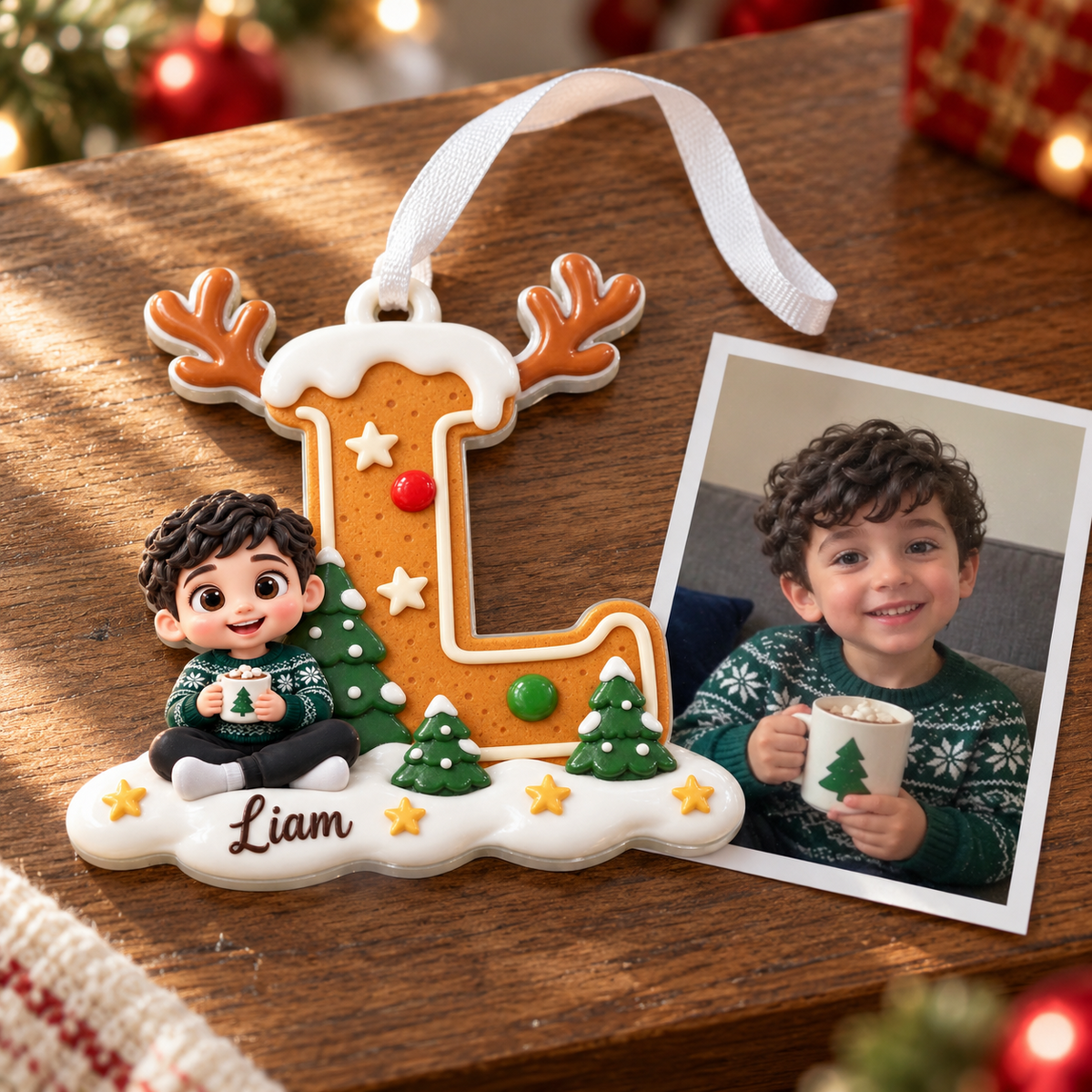 Gingerbread Letter L Holiday Tree Hanging Decor with Reindeer Antlers and Snow - 3D Relief Ornament