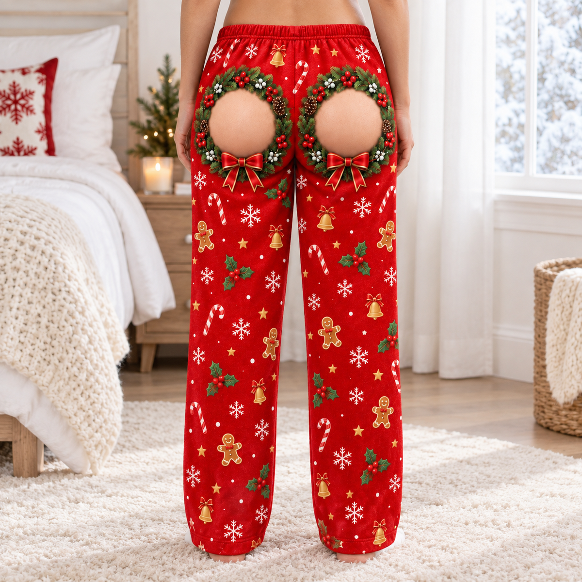 Novelty Christmas Pajama Pants Holiday Wreath Gag Print Lounge Bottoms