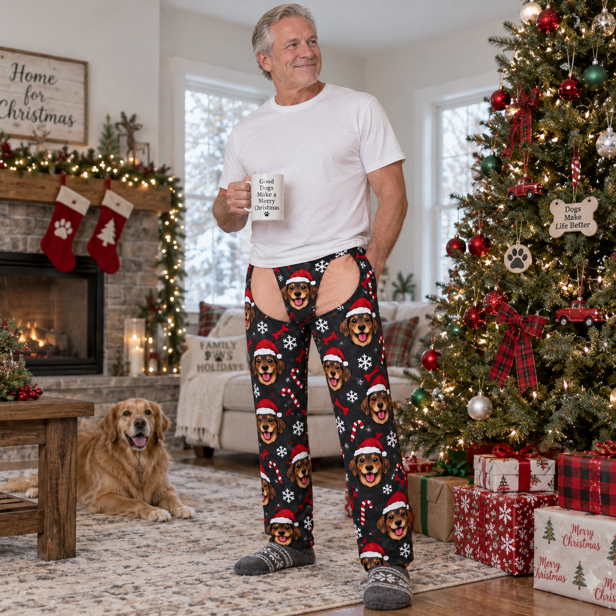 Men's Christmas Corgi Cutout Pajama Pants Light Blue Novelty Chaps
