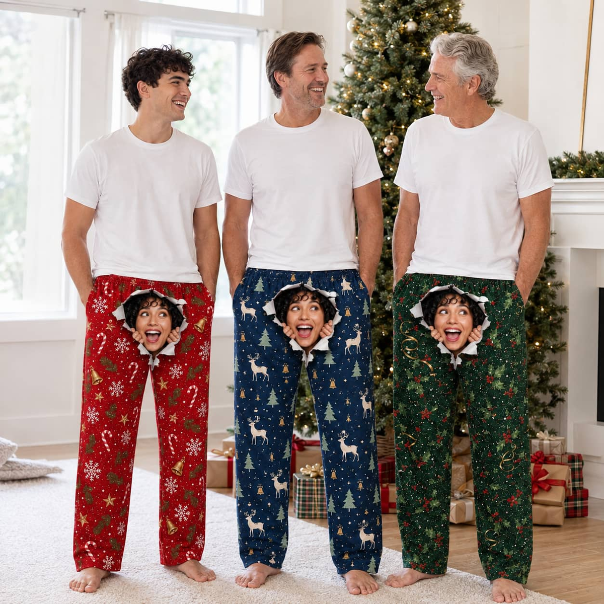 Men's Pajama Pants Green Christmas Holly Pattern Lounge Bottoms
