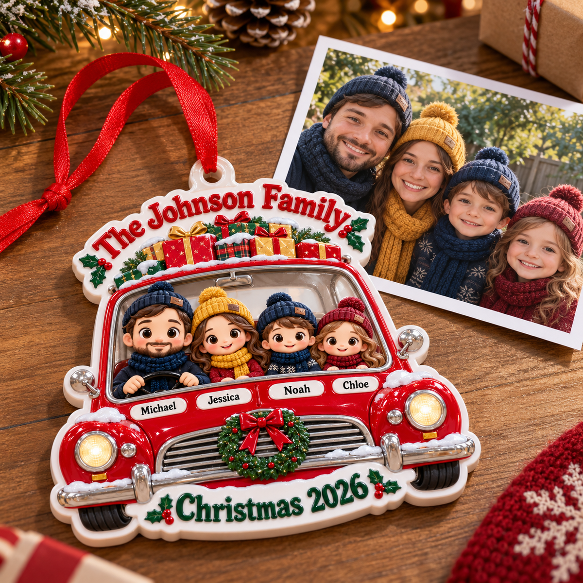 Family of Four in Red Vintage Car Christmas Holiday Keepsake - 3D Relief Ornament
