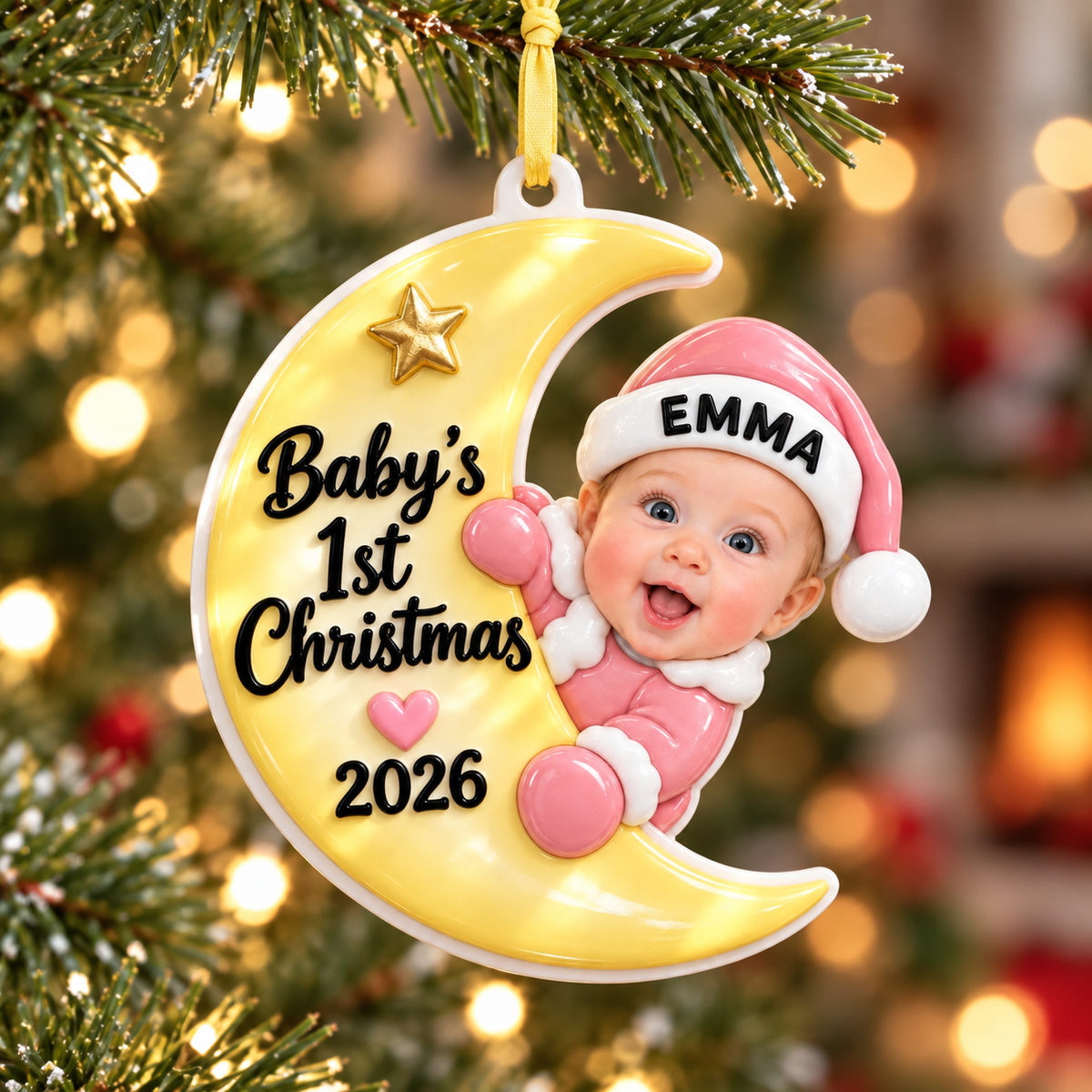 Baby First Christmas Crescent Moon Hanging Keepsake, Pink Holiday Tree Pendant - 3D Relief Ornament