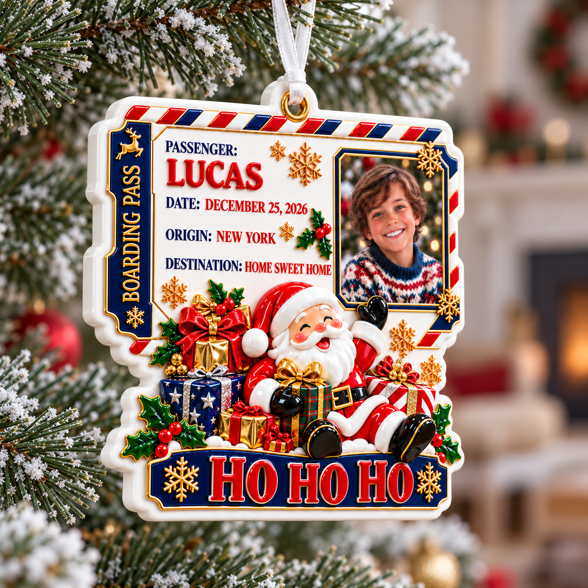 Santa Claus Boarding Pass Photo Frame Christmas Holiday Keepsake - 3D Relief Ornament