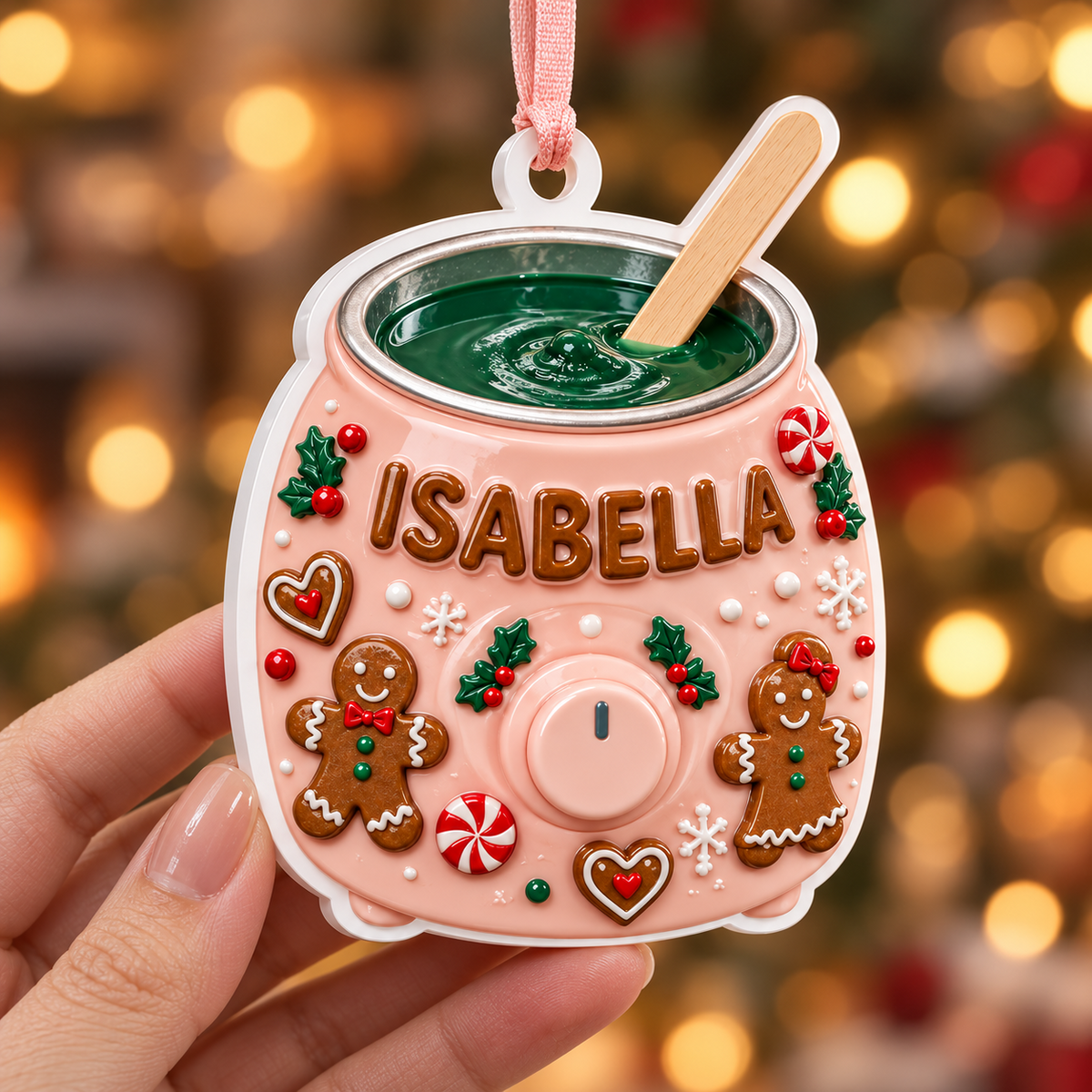 Pink Wax Warmer Esthetician Holiday Gingerbread Tree Decor - 3D Relief Ornament
