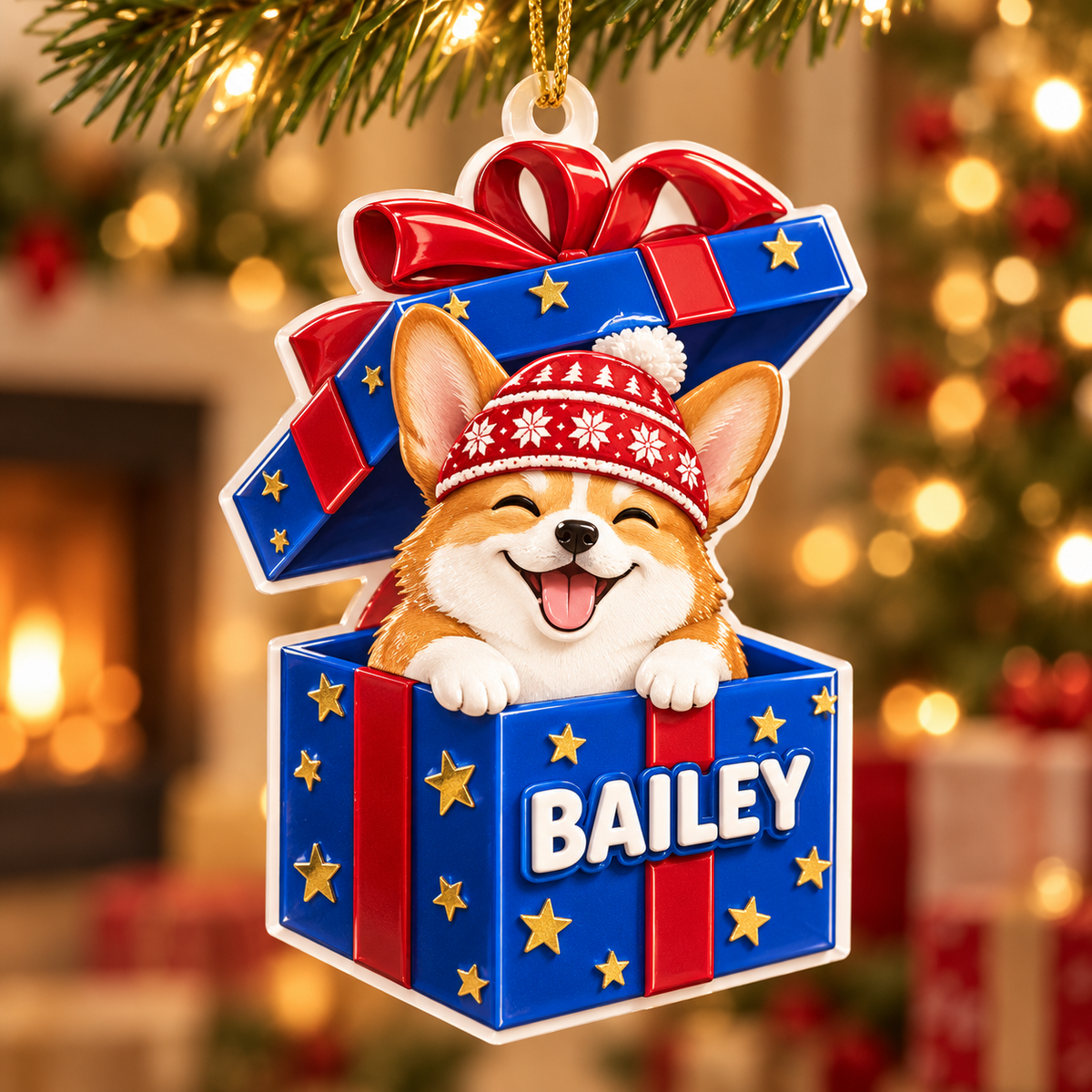 Corgi Dog in Blue Christmas Gift Box Holiday Tree Hanging Decoration - 3D Relief Ornament