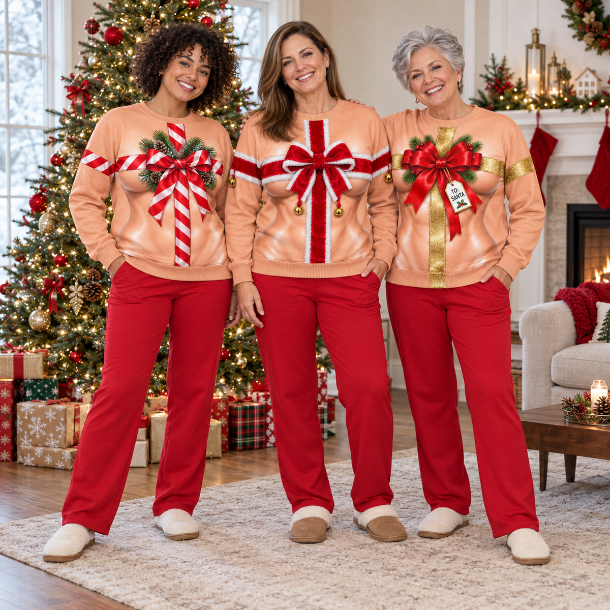 Funny Christmas Sweatshirt, Ribbon Bow Graphic Crewneck Pullover