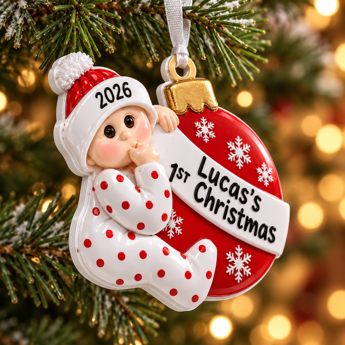 Baby First Christmas Bauble Red and White Polyresin Hanging Keepsake - 3D Relief Ornament