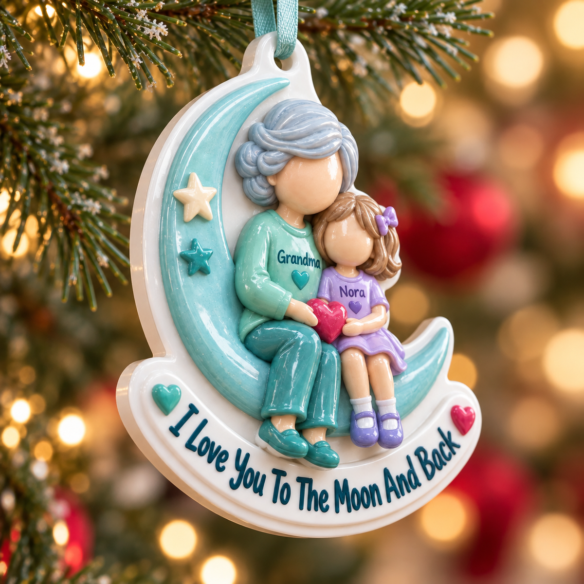Grandmother and Granddaughter Crescent Moon Acrylic Hanging Keepsake, Teal Holiday Decor - 3D Relief Ornament