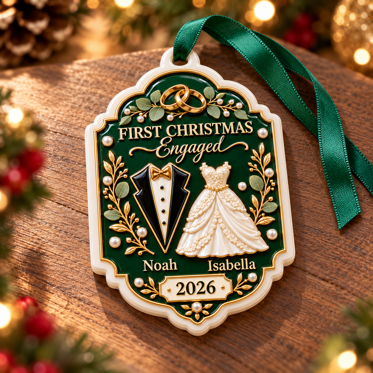First Christmas Engaged Couple Plaque Emerald Green Tuxedo Gown Keepsake - 3D Relief Ornament