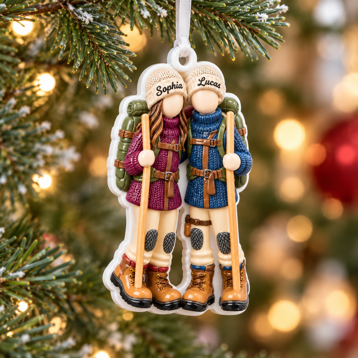 Hiking Couple with Backpacks and Trekking Poles Acrylic Hanging Keepsake - 3D Relief Ornament