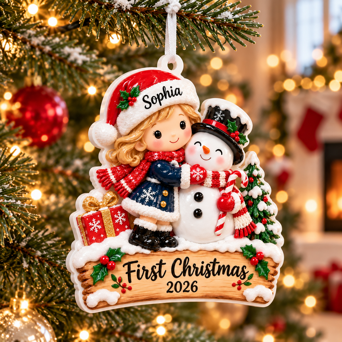 Baby Girl and Snowman First Christmas Tree Hanging Keepsake - 3D Relief Ornament