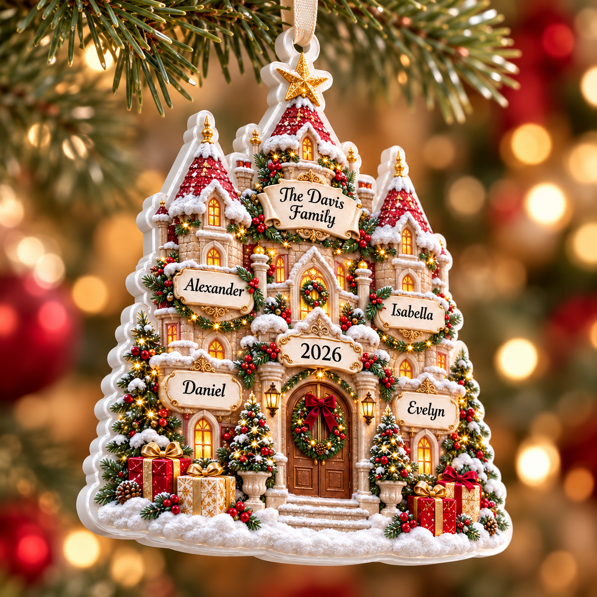 Snowy Christmas Castle Acrylic Hanging Keepsake - 3D Relief Ornament