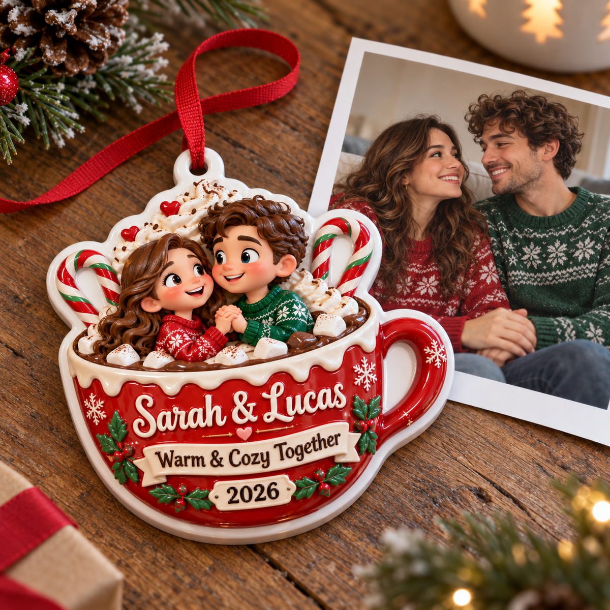 Couple in Hot Cocoa Mug Holiday Tree Hanging Decor - 3D Relief Ornament