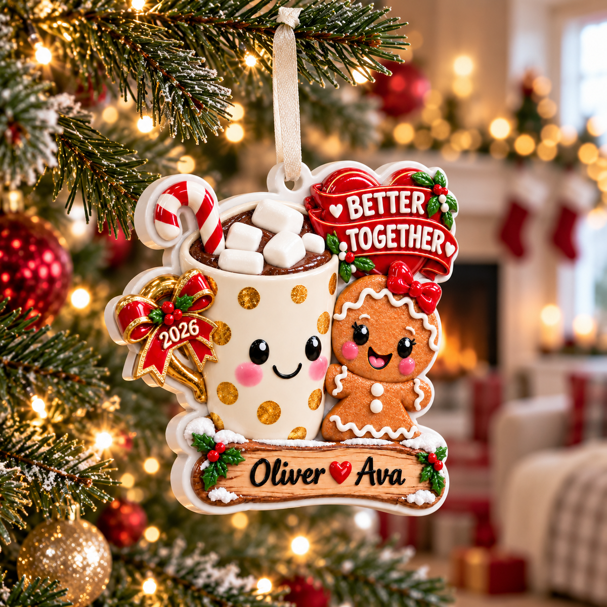 Hot Cocoa Mug and Gingerbread Couple Better Together Holiday Keepsake - 3D Relief Ornament