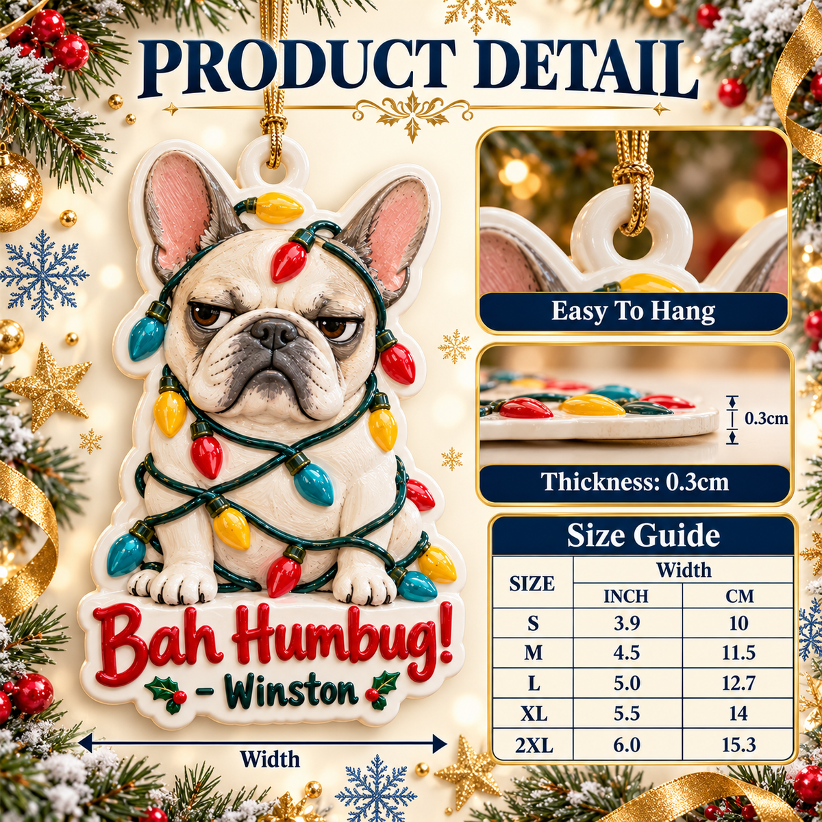 Grumpy French Bulldog Christmas Lights Bah Humbug Hanging Holiday Keepsake - 3D Relief Ornament
