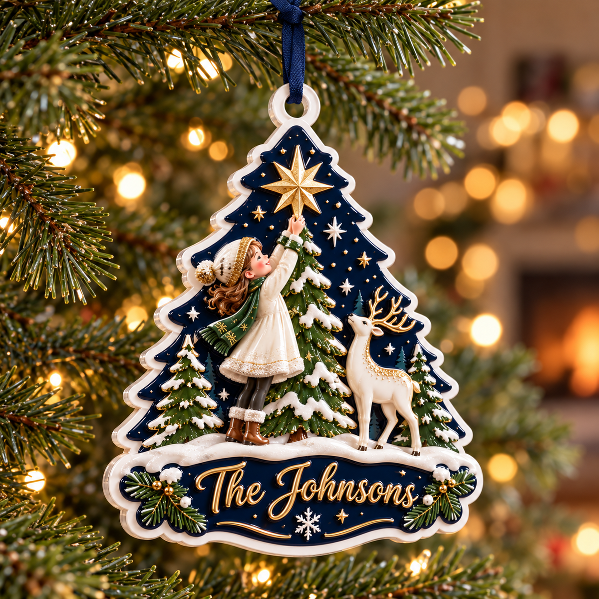 Winter Forest Girl and Deer Christmas Tree Plaque Holiday Keepsake - 3D Relief Ornament