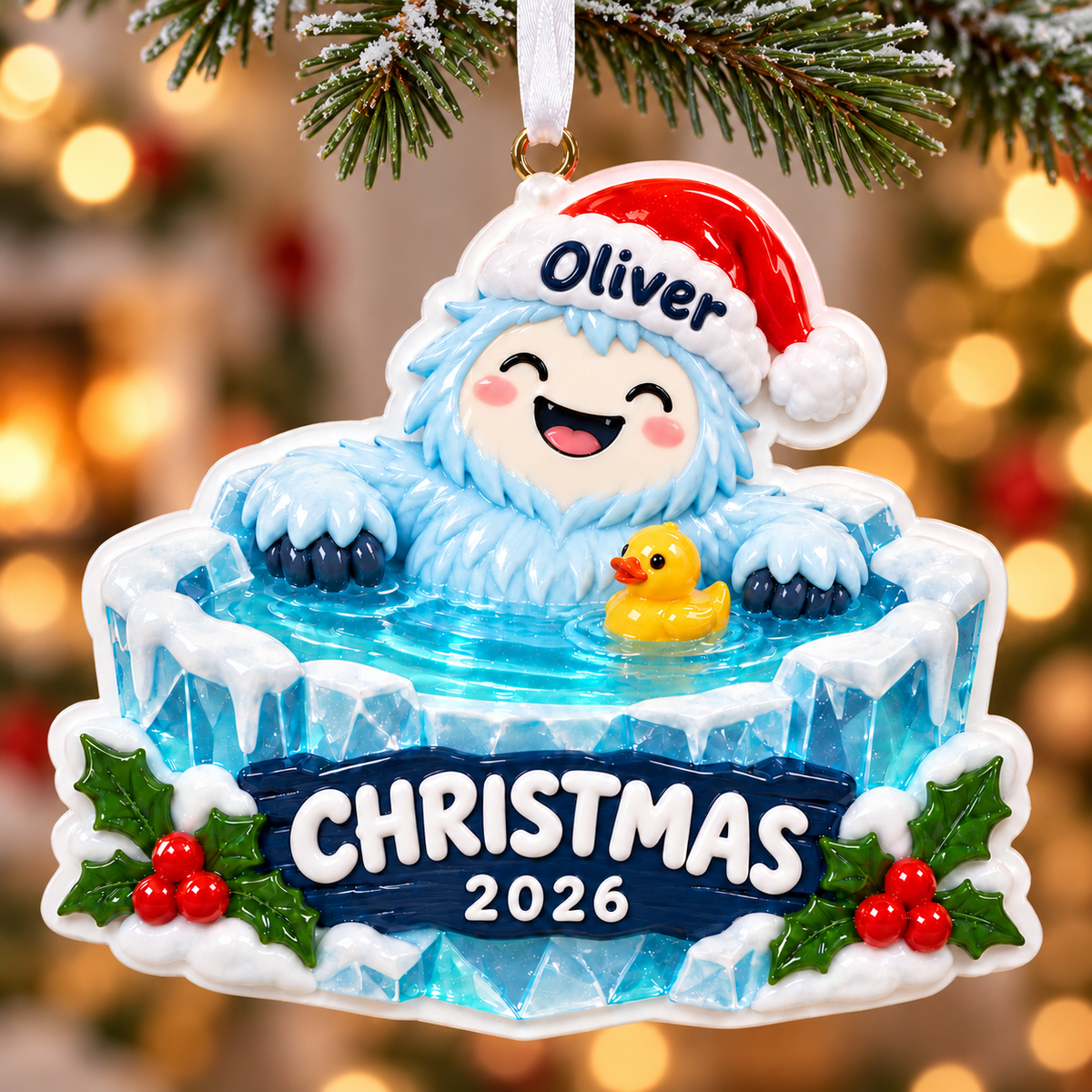 Cartoon Yeti in Ice Bath with Rubber Duck Holiday Keepsake - 3D Relief Ornament