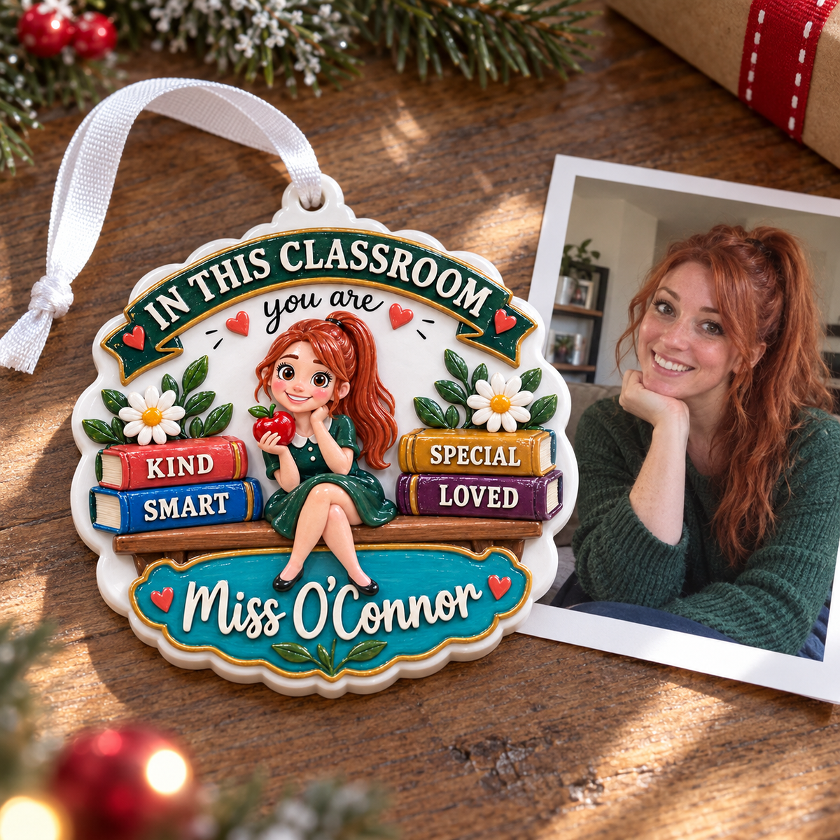 Classroom Teacher Hanging Keepsake with Stacked Books and Red Apple - 3D Relief Ornament