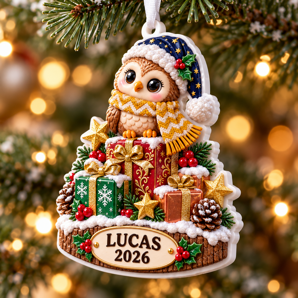 Winter Owl Perched on Stacked Holiday Gift Boxes Plaque - 3D Relief Ornament