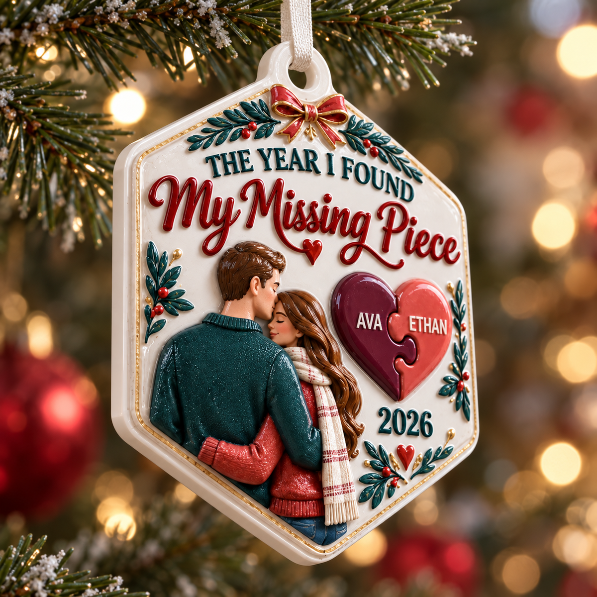 Couple Missing Piece Puzzle Heart Hexagonal Christmas Tree Keepsake - 3D Relief Ornament