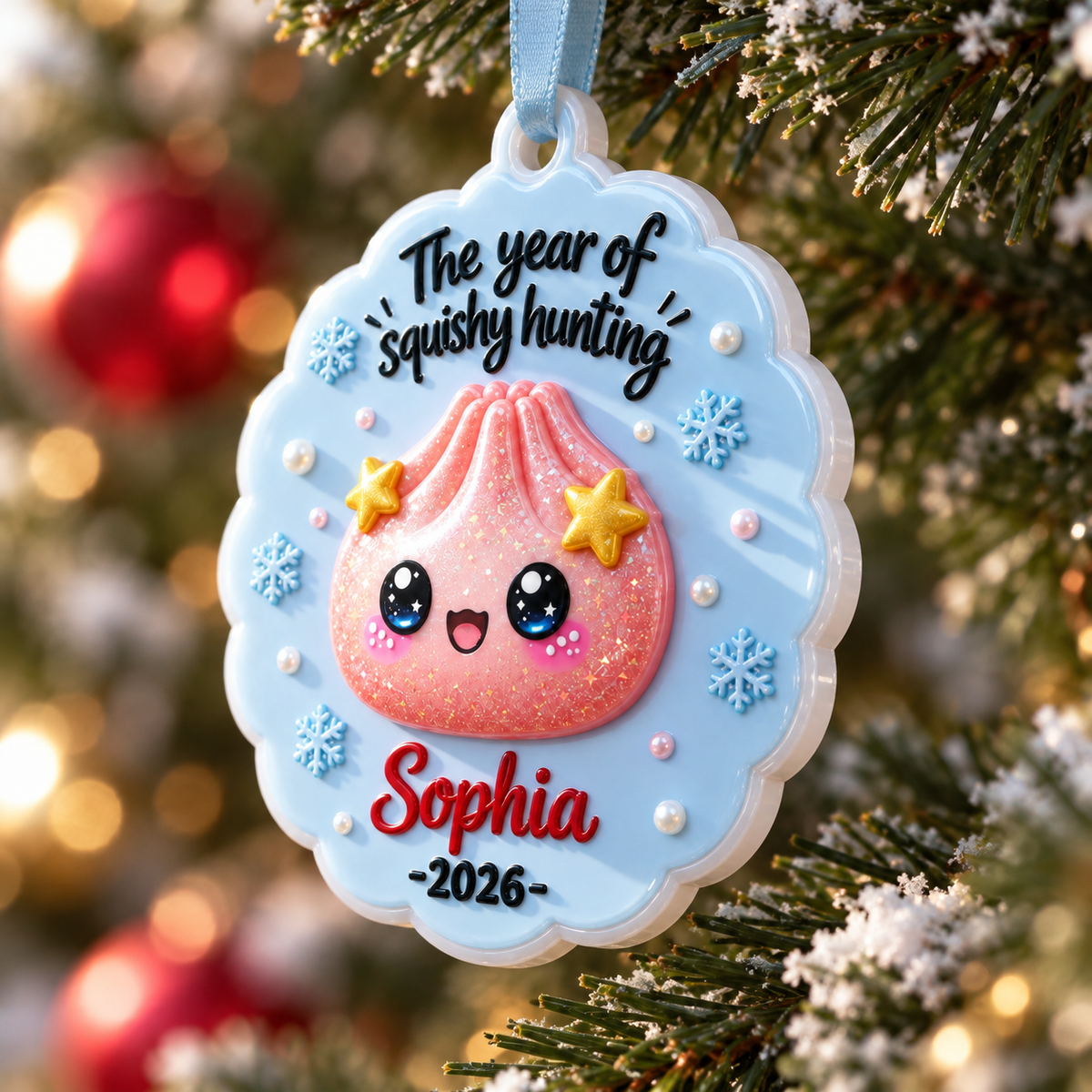 Holiday Tree Hanging Medallion, Squishy Toy Dumpling Theme in Scalloped Blue - 3D Relief Ornament