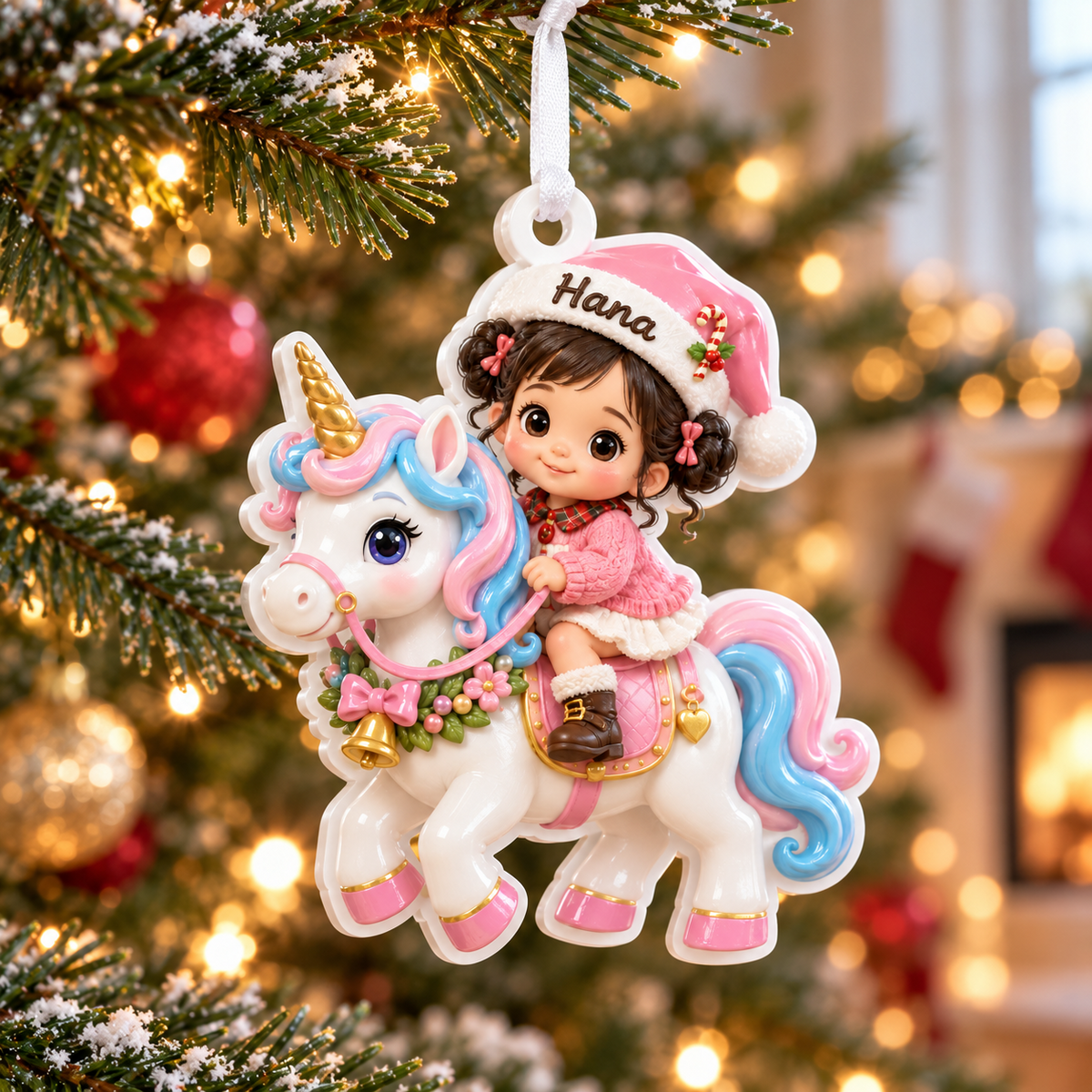 Little Girl in Pink Santa Hat Riding Unicorn Acrylic Christmas Tree Hanging Decor - 3D Relief Ornament
