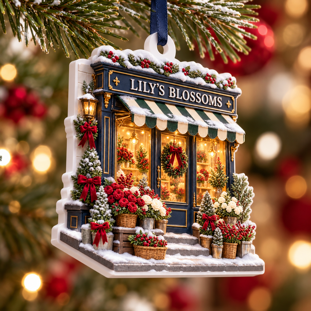 Winter Flower Shop Front Holiday Hanging Keepsake - 3D Relief Ornament