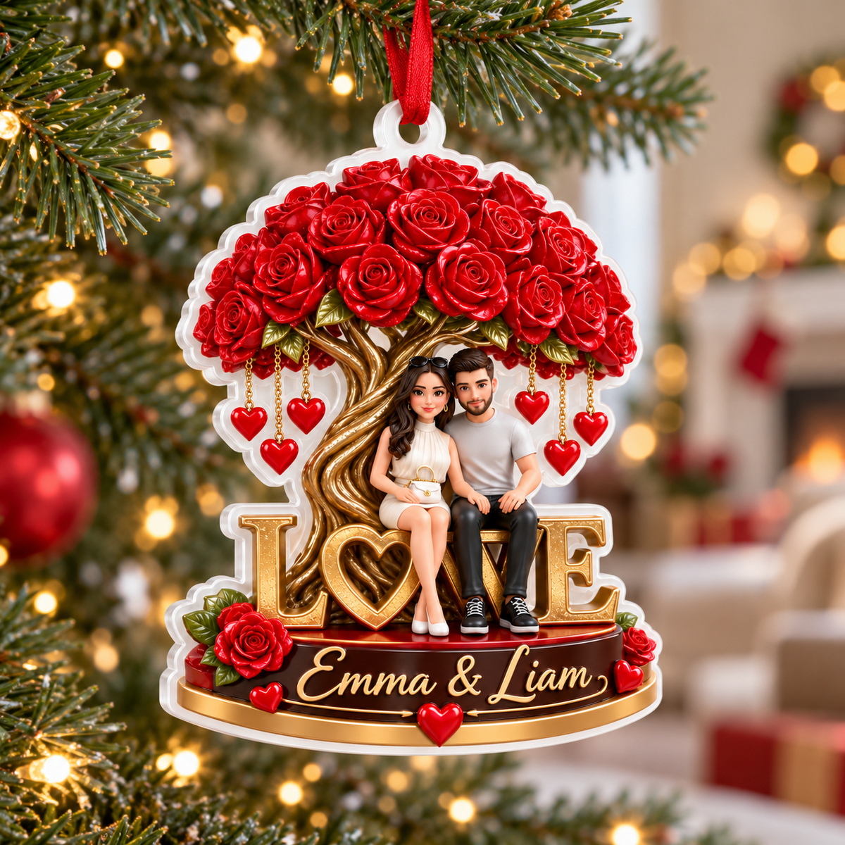 Couple Sitting Under Red Rose Tree Love Keepsake Acrylic Hanging Decor - 3D Relief Ornament