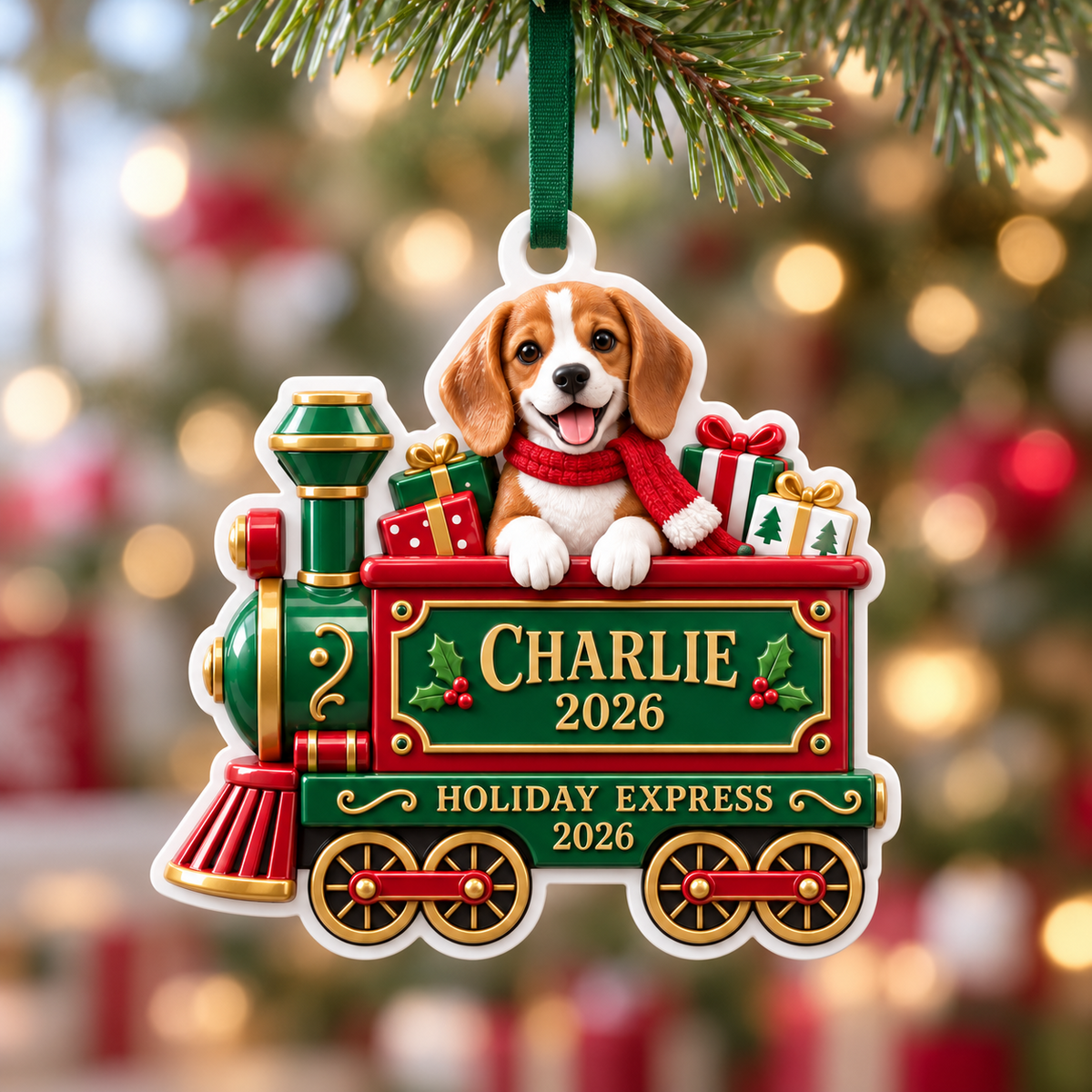 Holiday Express Christmas Train with Stacked Gifts in Green and Red - 3D Relief Ornament
