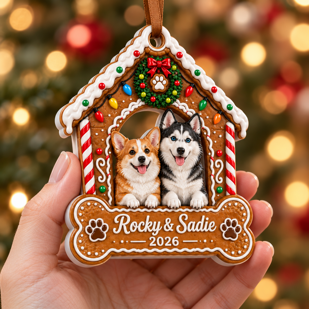 Gingerbread Doghouse Christmas Keepsake with Pet Figures and Bone Plaque - 3D Relief Ornament