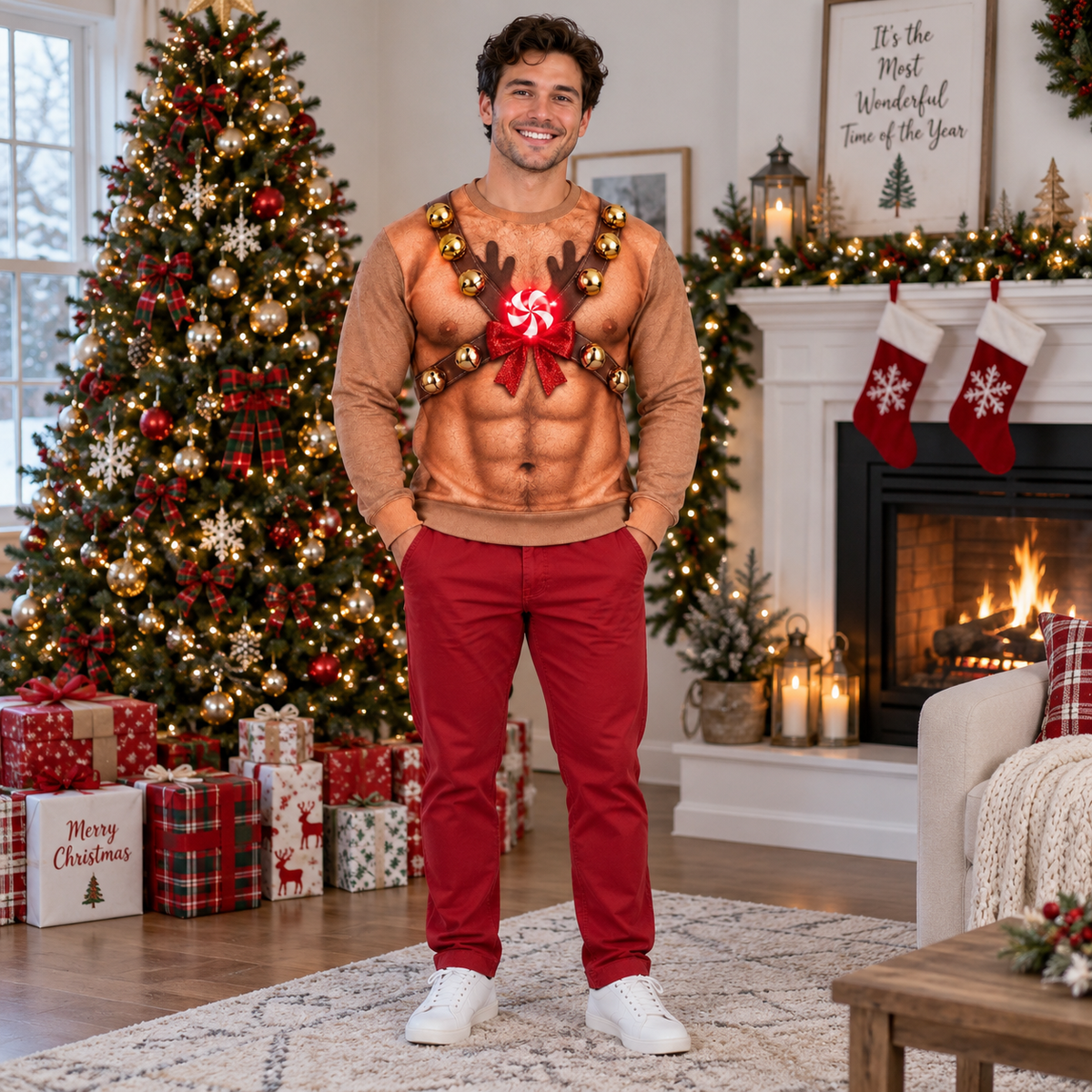 Hairy Chest Christmas Sweatshirt Fake Abs Novelty Holiday Pullover