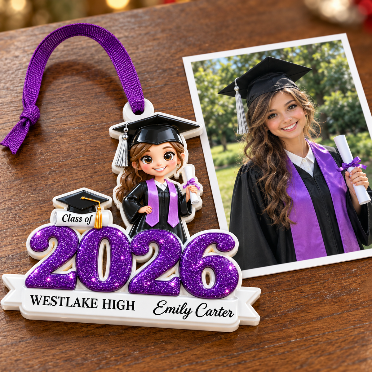 Graduate Girl Class of 2026 Purple Glitter Cap and Gown Keepsake - 3D Relief Ornament