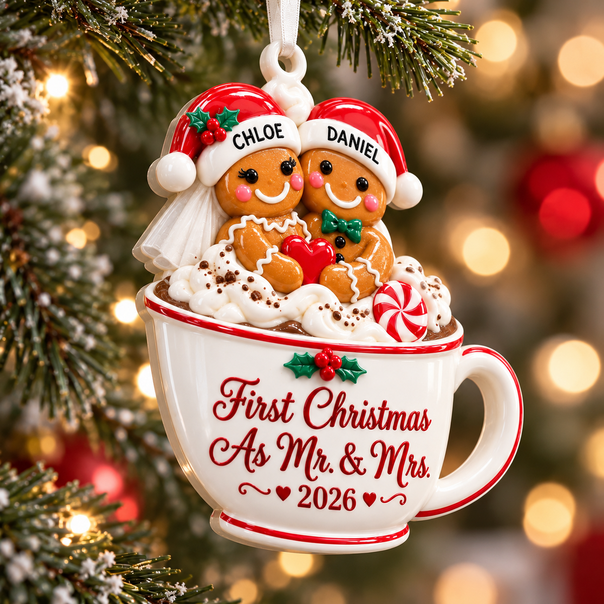 Gingerbread Couple in Hot Cocoa Mug First Christmas as Mr & Mrs Holiday Keepsake - 3D Relief Ornament