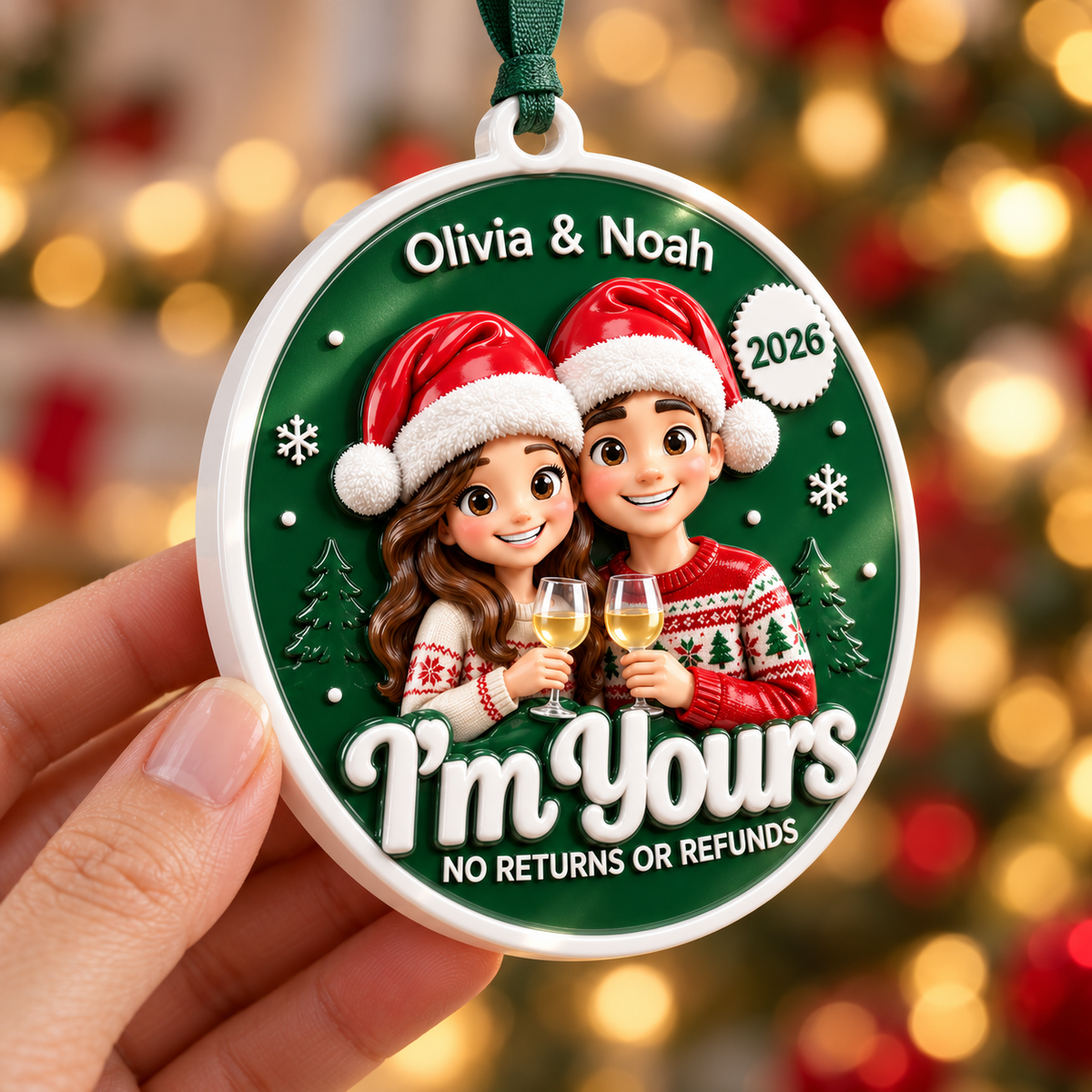 Couple Christmas Tree Hanging Disc, Im Yours Wine Toast Holiday Keepsake - 3D Relief Ornament