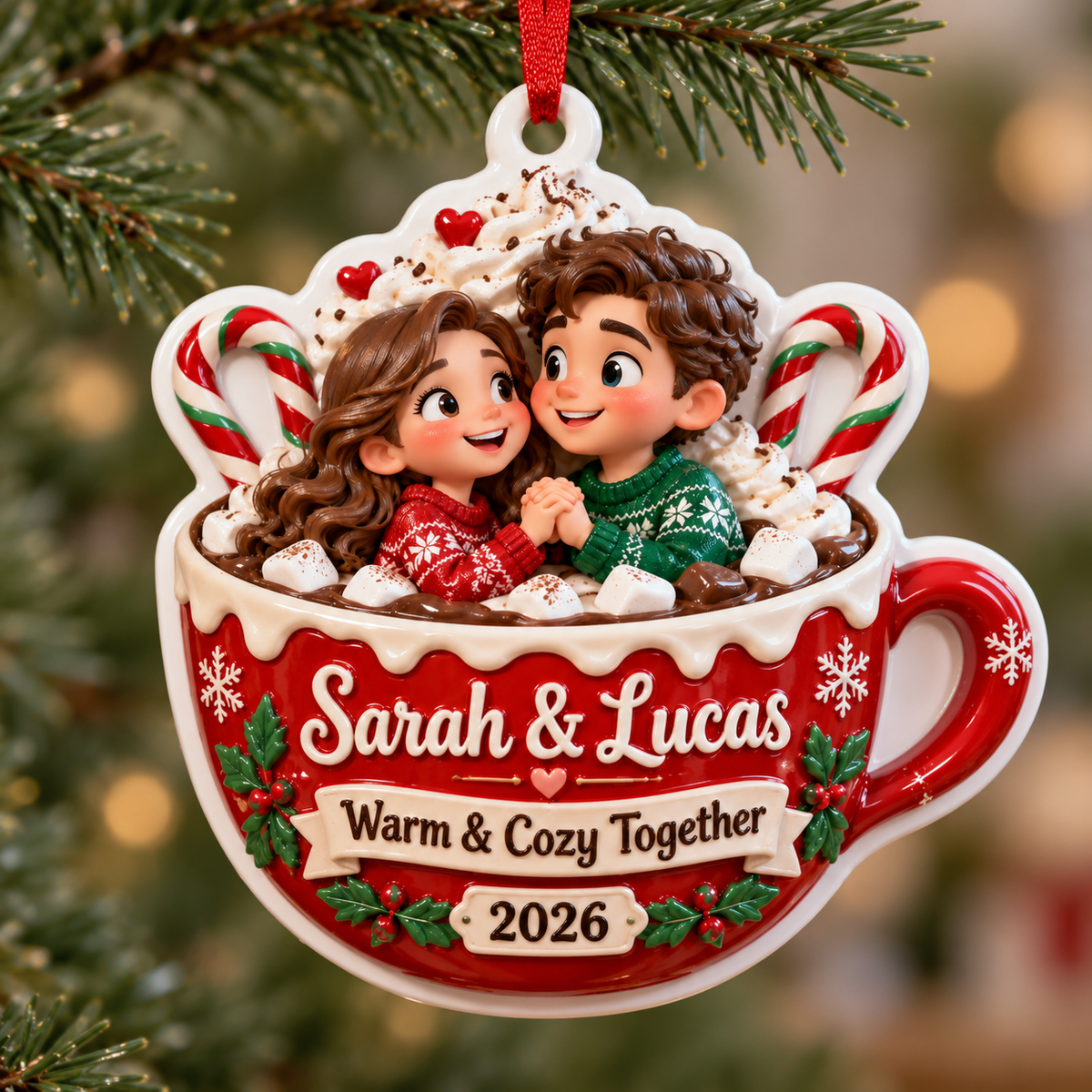 Couple in Hot Cocoa Mug Holiday Tree Hanging Decor - 3D Relief Ornament