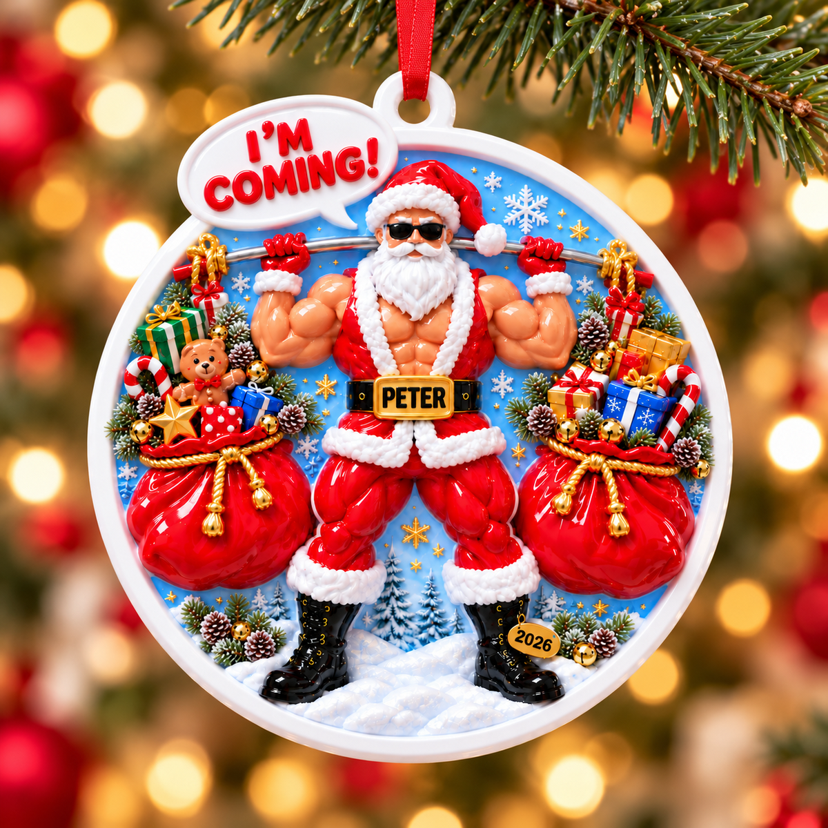 Muscular Weightlifting Santa Claus Round Acrylic Holiday Tree Hanging - 3D Relief Ornament