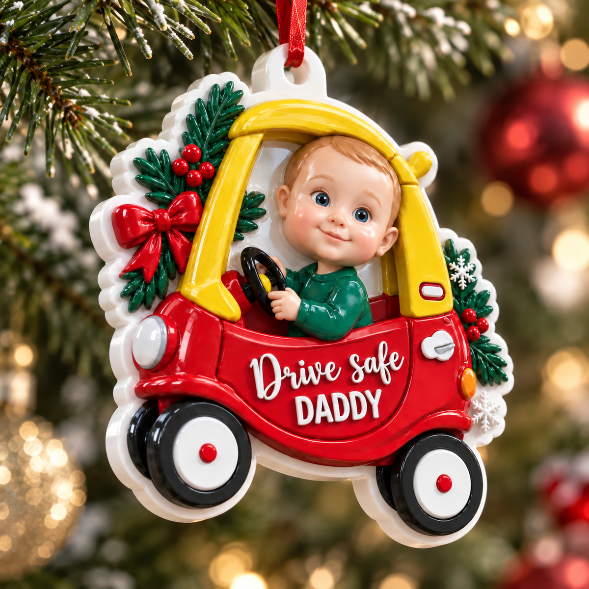 Baby in Red Toy Car Drive Safe Daddy Christmas Tree Keepsake - 3D Relief Ornament