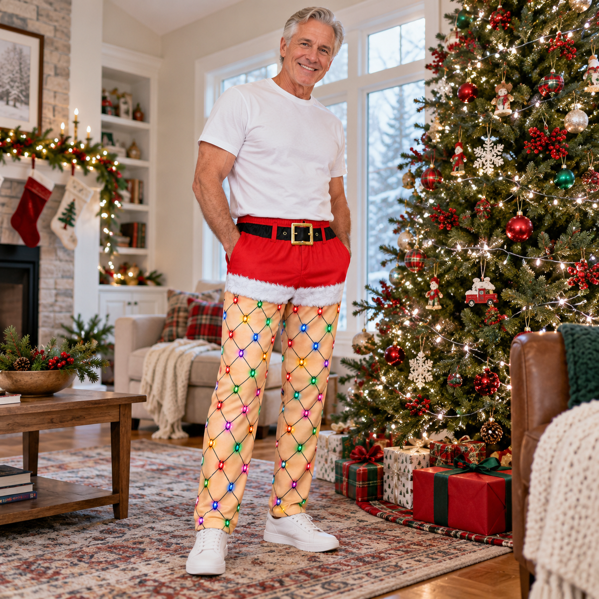 Funny Christmas Pajama Pants String Lights Print Lounge Bottoms