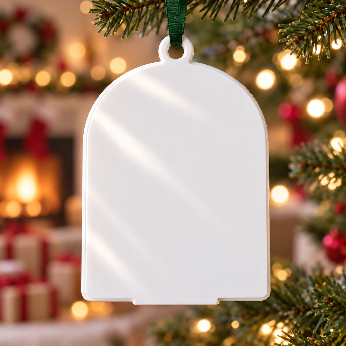 Family of 4 with Pet Dog Christmas Tree Hanging Plaque, Arched Ceramic Holiday Keepsake - 3D Relief Ornament